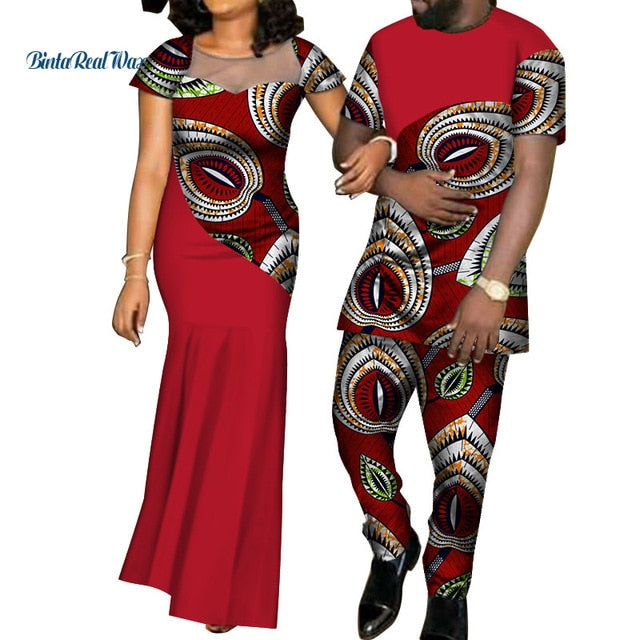 African Dresses for Women Bazin  Mens Shirt and Pants Sets Lover Couples Clothes Print Yarn Dress African Design Clothing WYQ126