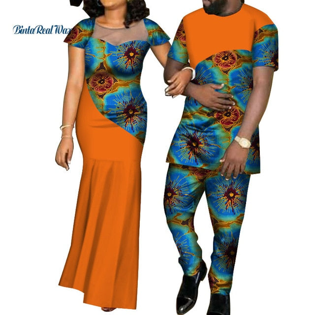 African Dresses for Women Bazin  Mens Shirt and Pants Sets Lover Couples Clothes Print Yarn Dress African Design Clothing WYQ126