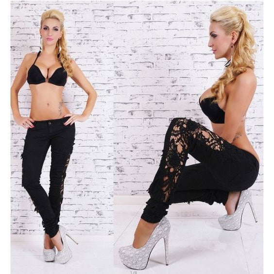 Street Fashion Slim Jeans Lace Pants Woman Long Lace Jeans White/Black/Dark Blue/Light Blue
