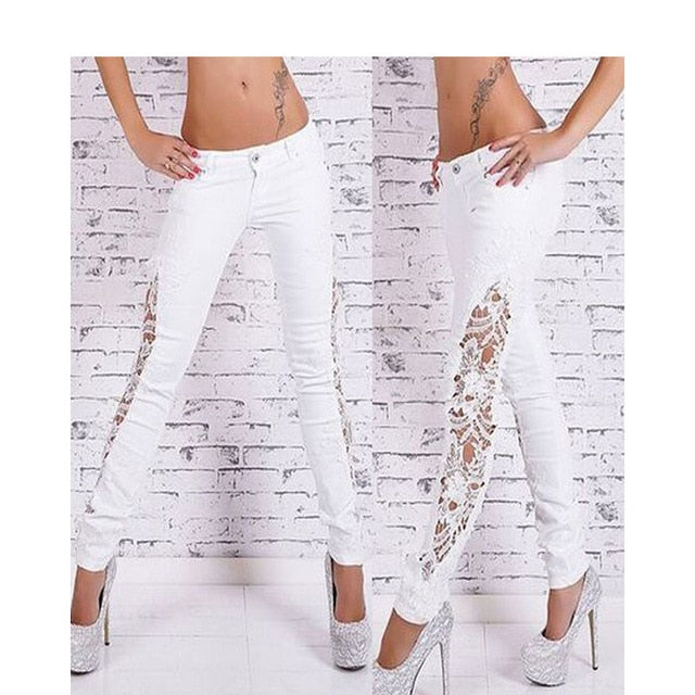 Street Fashion Slim Jeans Lace Pants Woman Long Lace Jeans White/Black/Dark Blue/Light Blue