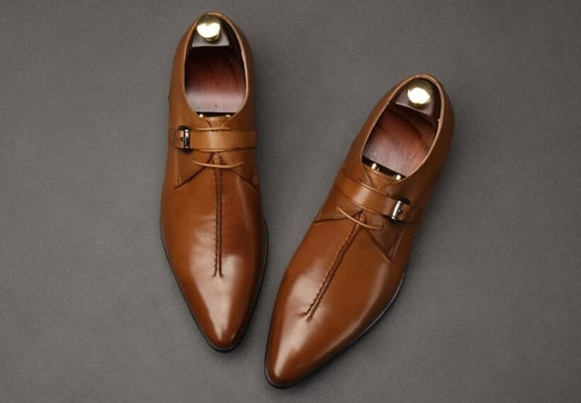 OMDE British Style Pointed Toe Men Formal Shoes Fashion Lace-up Business Dress Shoes Leather Shoes Handmade Wedding Shoes
