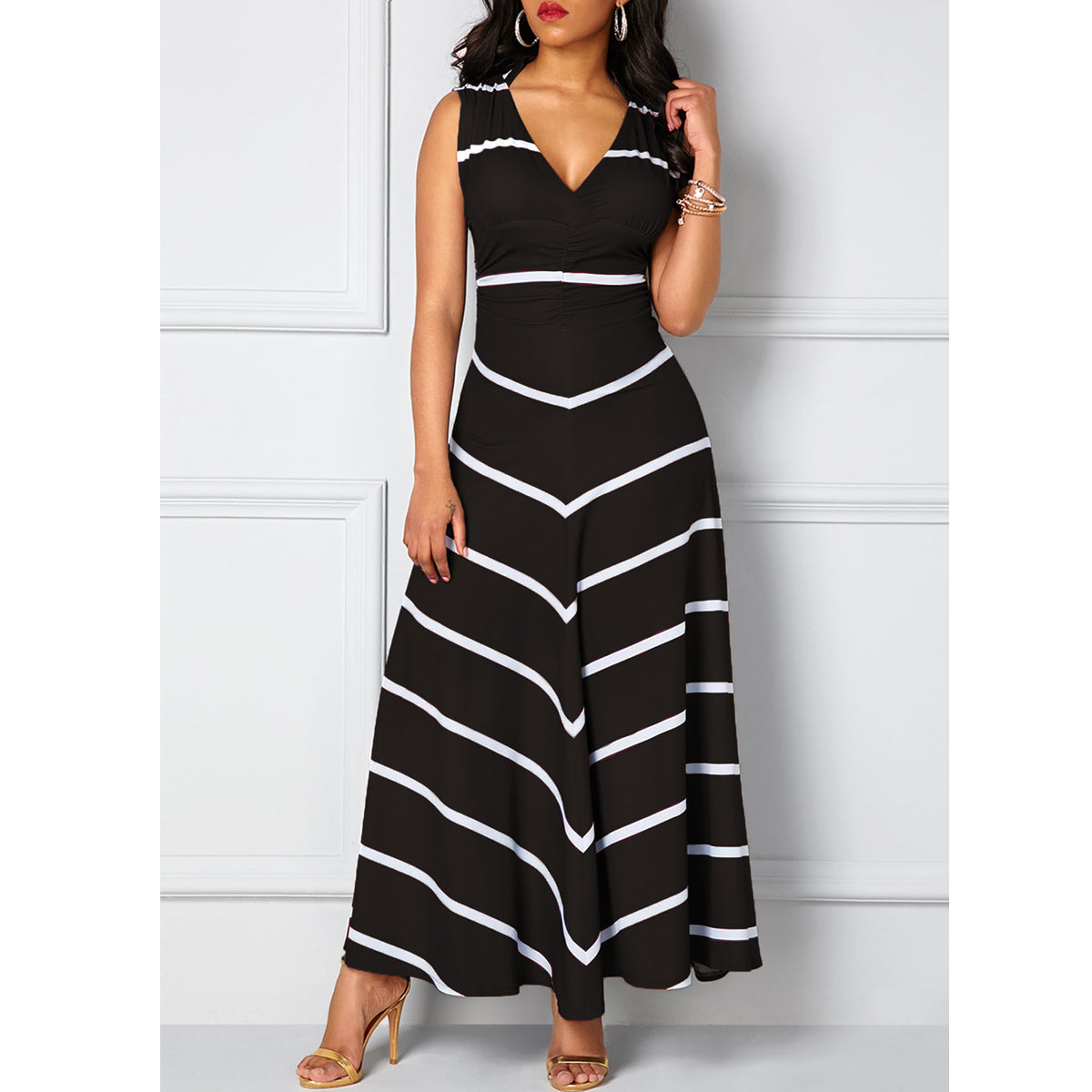 Summer Autumn Dress Women 2019 Elegant Sexy Deep V Neck Striped Ball Gown Maxi Dresses Casual Plus Size Slim Long Party Dress