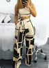Women Two Pieces Sets Self Belted Crop Top&Pants Colorblock One Shoulder Cropped High Waist Wide Pants Set