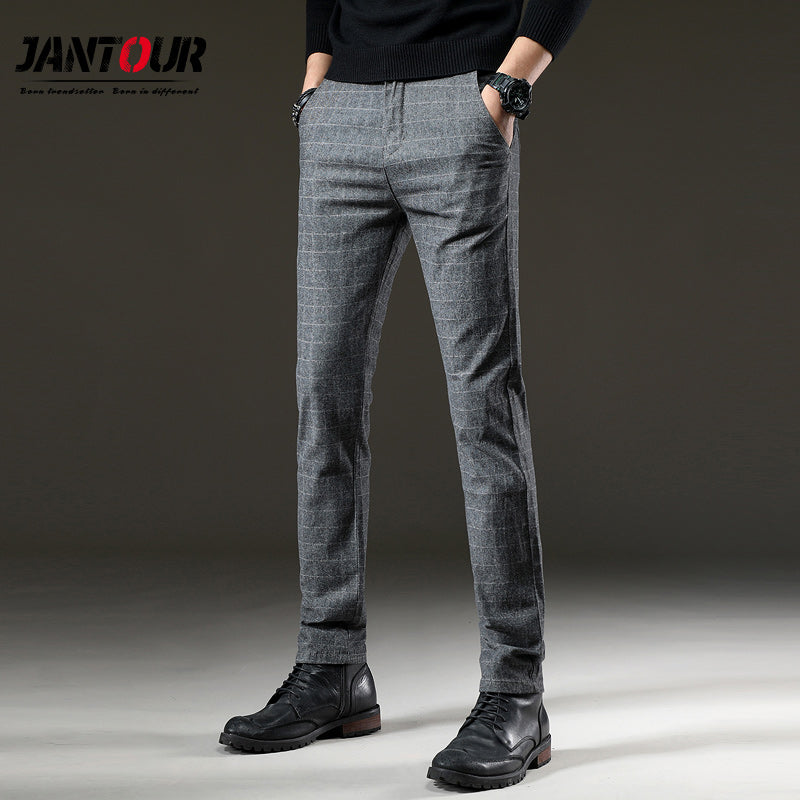 jantour Brand Pants Men Casual Elastic Long Trousers Male Cotton plaid straight gray Work Pant men's spring Large big size 28-38