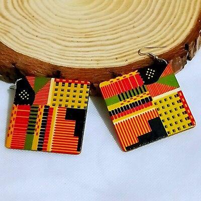 Colorful Natural Wood Square Geometric Painting Africa Tribal Earrings Vintage African Wooden DIY Party Club Jewelry - Surprise store