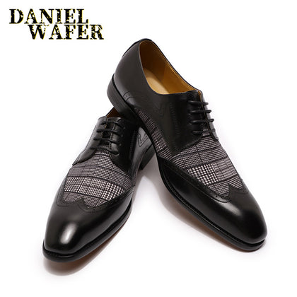 LUXURY BRAND GENUINE LEATHER DERBY OXFORD SHOES BLACK BROWN LACE UP WINGTIP PATCHWORK FASHION MEN LEATHER SHOES FOR FORMAL DRESS