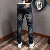 Newly Designer Fashion Men Jeans High Quality Retro Dark Blue Ripped Denim Pants Streetwear Elastic Slim Fit Hip Hop Trousers