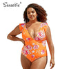 SEASELFIE Plus Size Orange Floral Ruffles V-Neck One Piece Swimsuit Women Large Size Monokini Bathing Suit 2021 Beach Swimwear