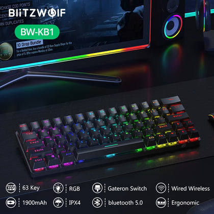 BlitzWolf BW-KB1 Wireless bluetooth Keyboard Gateron Switch RGB 63 Keys Layout NKRO Type-C Mechanical Gaming Black Brown Switch