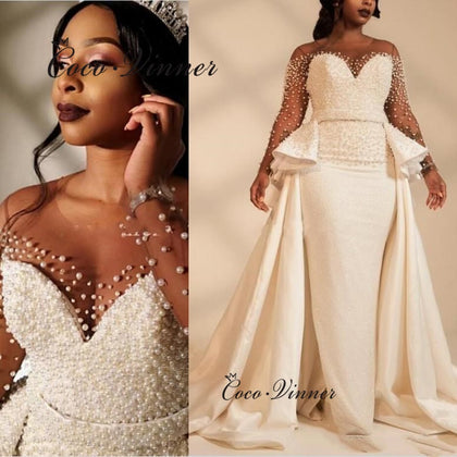 Heavy Pearls Beaded Luxury Wedding Dress 2 in 1 Design One Mermaid Dress With Detachable Train 2021 Wedding Gown Women W0703