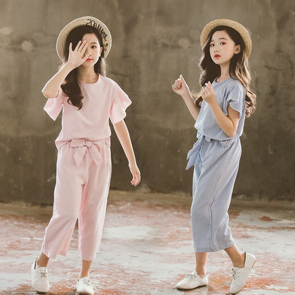 Korean Big Girls Summer Clothing Sets 2021 New Kids Striped Ruffle Sleeve +Wide Leg Pants Fashion Two-piece Teenage Outfits Set