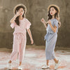 Korean Big Girls Summer Clothing Sets 2021 New Kids Striped Ruffle Sleeve +Wide Leg Pants Fashion Two-piece Teenage Outfits Set