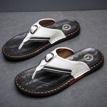 WEH top shoe brands Men's Flip Flops Genuine Leather Luxury Slippers Beach Casual Sandals Summer for Men Fashion Shoes white