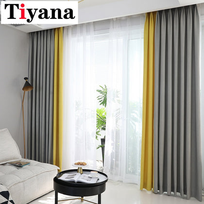Tiyana Grey Yellow Stitched Blackout Curtains for Living Room Thermal Insulated Bedroom Window Curtain Blinds White Voile JK048Y