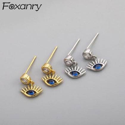 Foxanry Prevent Allergy 925 Sterling Silver Stud Earrings 2021Trendy Creative Sweet Blue Zircon Design Party Jewelry Accessories