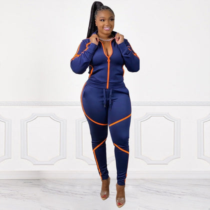 3XL Plus Size Tracksuit 2 Piece Women's Sets Zipper Stand Collar Tops And Jogging Pant Suit Autumn New Dark Blue Sportswear Set