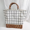 Straw plaid canvas splicing bag rattan portable canvas bag weaving lattice stripe handbag