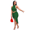 JRRY Sexy Women Set Two Pieces Set Turtleneck Backless Crop Top Drawstrings Mid Calf Slit Skirt 2 Pieces Set Skinny Outfit