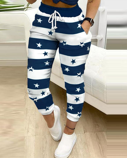Women Fashion Casual Pants Trousers Colorblock star print Cargo Pants Autumn Fashion Pocket Design Drawstring Casual Pants