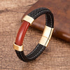 Natural Stone Men Bracelet Black Genuine Leather Rope Chain Stainless Steel Magnet Clasp Natural Stone Bracelets Male Jewelry