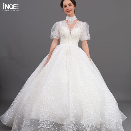 INOE Lucky Women Long Wedding Dress Tulle Ball Gown Organza Sequins Short Half Sleeves for Party White Fashion Bridal Clothing