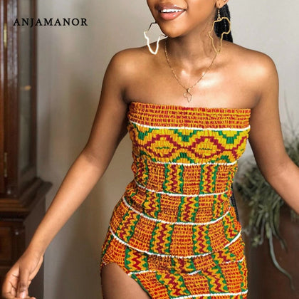 ANJAMANOR Sexy Summer Short African Dresses for Women 2021 Smocked Stretchy Tube Top Backless Bodycon Mini Dress D69-CB11