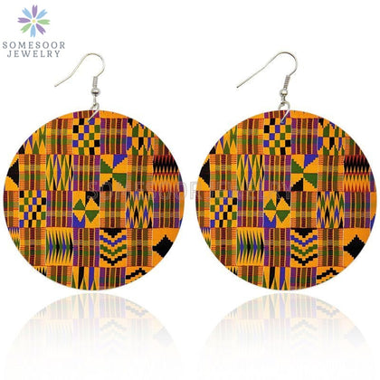 SOMESOOR African Fabric Bohemian Wooden Drop Earrings Afrocentric Ethnic Women Headwrap Designs Both Sides Printed For Women