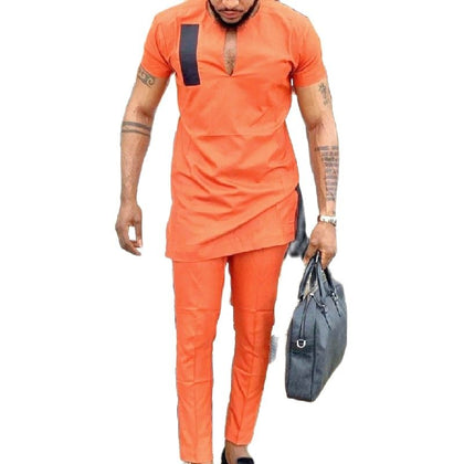 African clothes Men's Short Sleeve Shirts V-neck Fashion Patchwork Tops+Trousers Custom Made Outfits Orange Color Pant Set