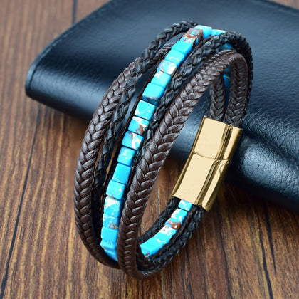 Multilayer Bracelet Natural Stone Genuine Leather Braided Wrap Bangle Stainless Steel Magnetic Clasp Bracelet Men Jewelry