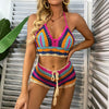 Crochet Bikini Sets Multi Color Knitted Rainbow Striped Off Shoulder Top + Bottom Bikini Beachwear Bathing Suit Women Swimsuit