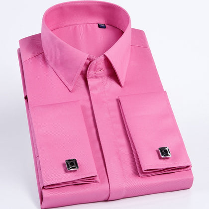 Quality Pink Men French Cufflinks Shirt Men's Shirt Long Sleeve Casual Male Brand Shirts Slim Fit French Cuff Dress Shirts