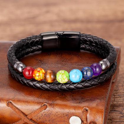 New Chakra Men Bracelet 7 Color Natural Yoga Healing Stone Beads Bracelets Black Genuine Leather Hommes Pulseras Jewelry Gifts