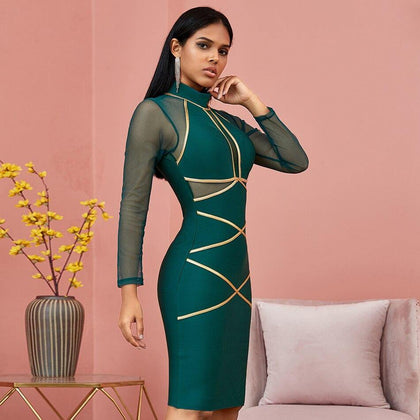 Spring Green Long Sleeve Bodycon Bandage Dress Women Sexy Hollow Out Mesh Dresses Autumn Celebrity Evening Runway Party Vestidos - Surprise store