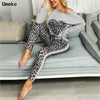 Umeko Ladies Sportswear Long Sleeve One-shoulder Printed Buttons Heart Tops Leopard Print Trousers Autumn Women's Casual Sets