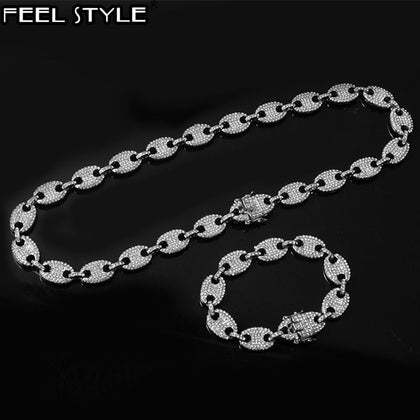 1kit 13MM Bling Coffee Bean Iced Out CZ Pig Nose Rhinestone choker Link Chain Necklaces & Bracelet for Men HIP HOP Jewelry