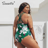 SEASELFIE Plus Size Green and Floral One Piece Swimsuit Women Large Size Sexy V-neck Monokini Bathing Suit 2021 Beach Swimwear