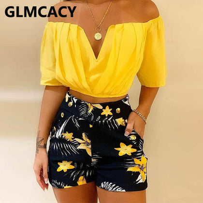 Women Off Shoulder Ruched Top & Tropical Print Shorts Set Two Piece Summer Beach Suits