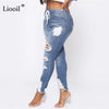 Light Blue Ripped Jeans for Women 2021 Street Style Sexy Mid Rise Distressed Trouser Stretch Skinny Hole Denim Pencil Pants