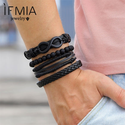 IFMIA Infinity Black Beads Charm Link Alloy Handmade Woven Men Leather Bracelets Women Vintage Bangle Jewelry Male Accessories