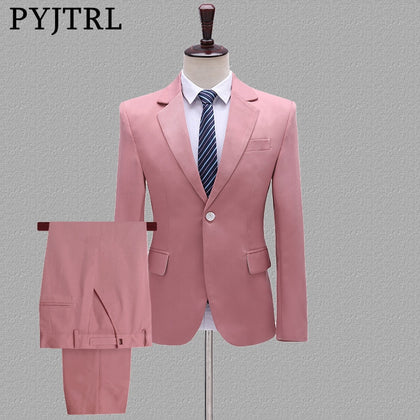 PYJTRL Mens Two-piece Set Wedding Groom Groomsman Suits Yellow Pink Blue Khaki Stage Singers Costume Latest Coat Pant Designs