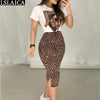 Two Peice Set For Women Casual O-Neck T Shirt& Skirt Set Fashion Leopard Print Office Women Set Elegance Skinny Ropa Femenina