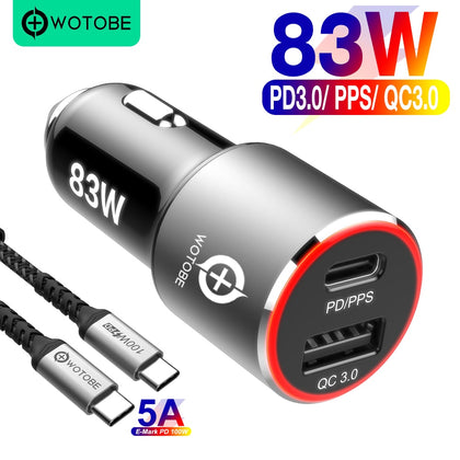 83W fast Car Charger,1port USB C PPS/PD 65W/45W/30W/20W,1port QC3.0 for xiaomi TYPE C laptop tablet iphone 12 S20/Note 10/20