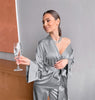 Hwanan Home Suit For Women Sleepwear Loose Flare Pants Three Quarter Sleeve Satin Robe Sets Bathrobe For Home Wear Fashion 2021