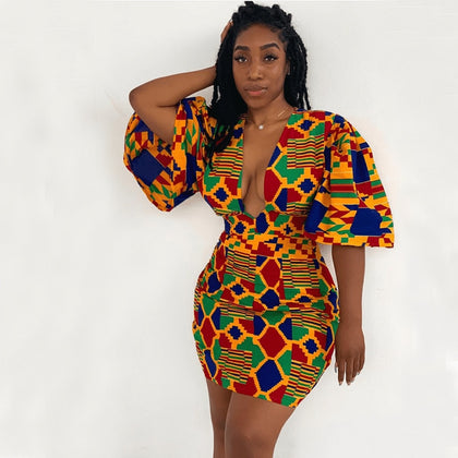 African Dresses for Women 2021 New Fashion Summer V-neck African Short Sleeve Printing Dress African Women Clothes
