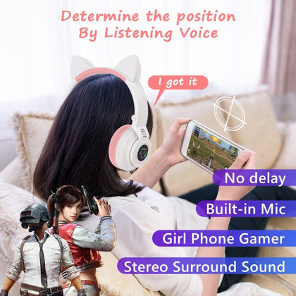 Cute Cat Bluetooth Wireless Headphones With Mic, Pink Girls LED Phone Gamer Headsets Kids Gaming Music Children's Earphones Gift