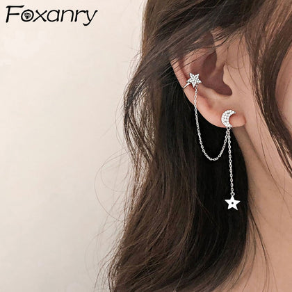 Foxanry 925 Sterling Silver Tassel Earrings for Women New Fashion Stars Moon Zircon Stud Earrings Elegant Party Jewelry Gifts