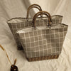 Straw plaid canvas splicing bag rattan portable canvas bag weaving lattice stripe handbag