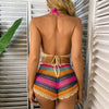 Crochet Bikini Sets Multi Color Knitted Rainbow Striped Off Shoulder Top + Bottom Bikini Beachwear Bathing Suit Women Swimsuit