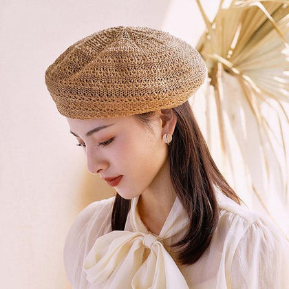 2021 Summer Beret Hats For Women Flat Cap Knit Hollow lace beret Hats Lady Girl Berets Hat Bone Female Tocas Painter Hat sun cap - Surprise store