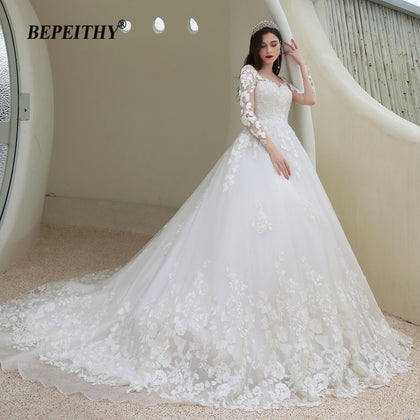 BEPEITHY Lace Romantic Wedding Gowns For Women Long Sleeves France India Bride Princess Bridal Dresses 2021 Vestidos De Novia